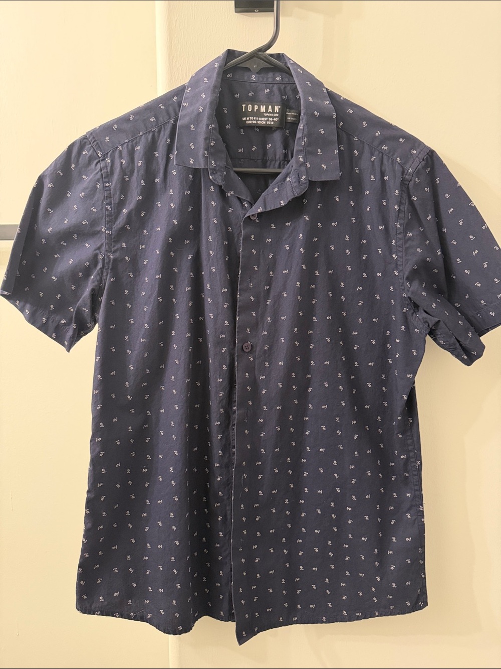 Topman Navy Short-Sleeve Button-Down Shirt with Micro Print